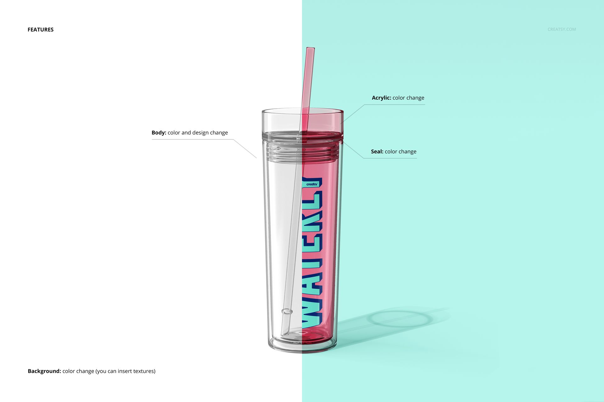 Transparent double-wall tumbler mockup with pink inner wall and straw, displayed on half white, half blue background.