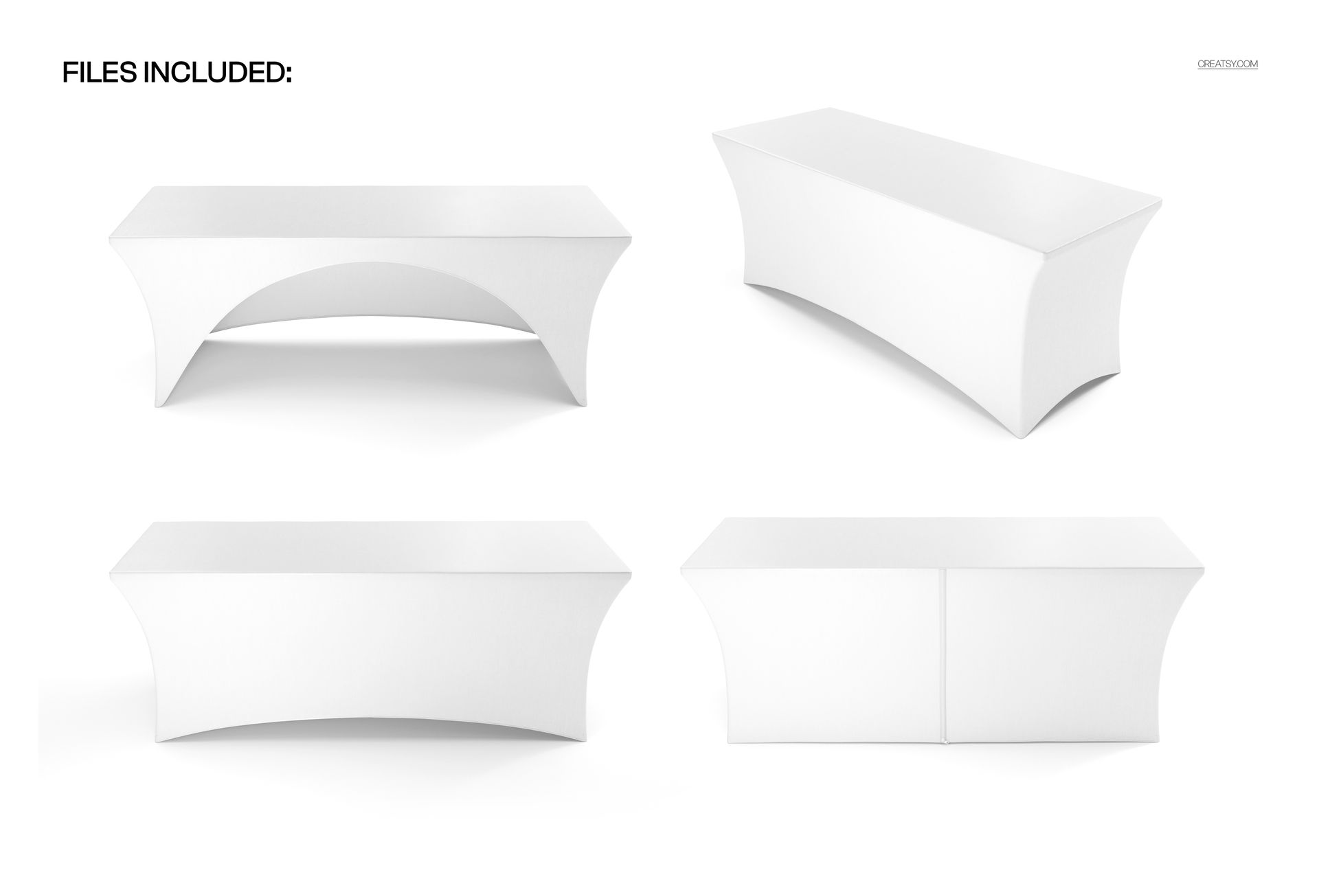 Set of white stretch tablecloth mockups on rectangular tables, viewed from front, side, and angled perspectives.