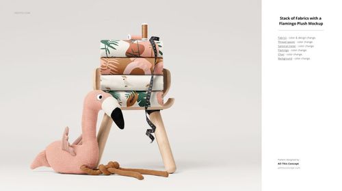 Cotton fabric mockup featuring a pile of patterned textiles on a stool, plush flamingo, and sewing accessories in a studio scene.