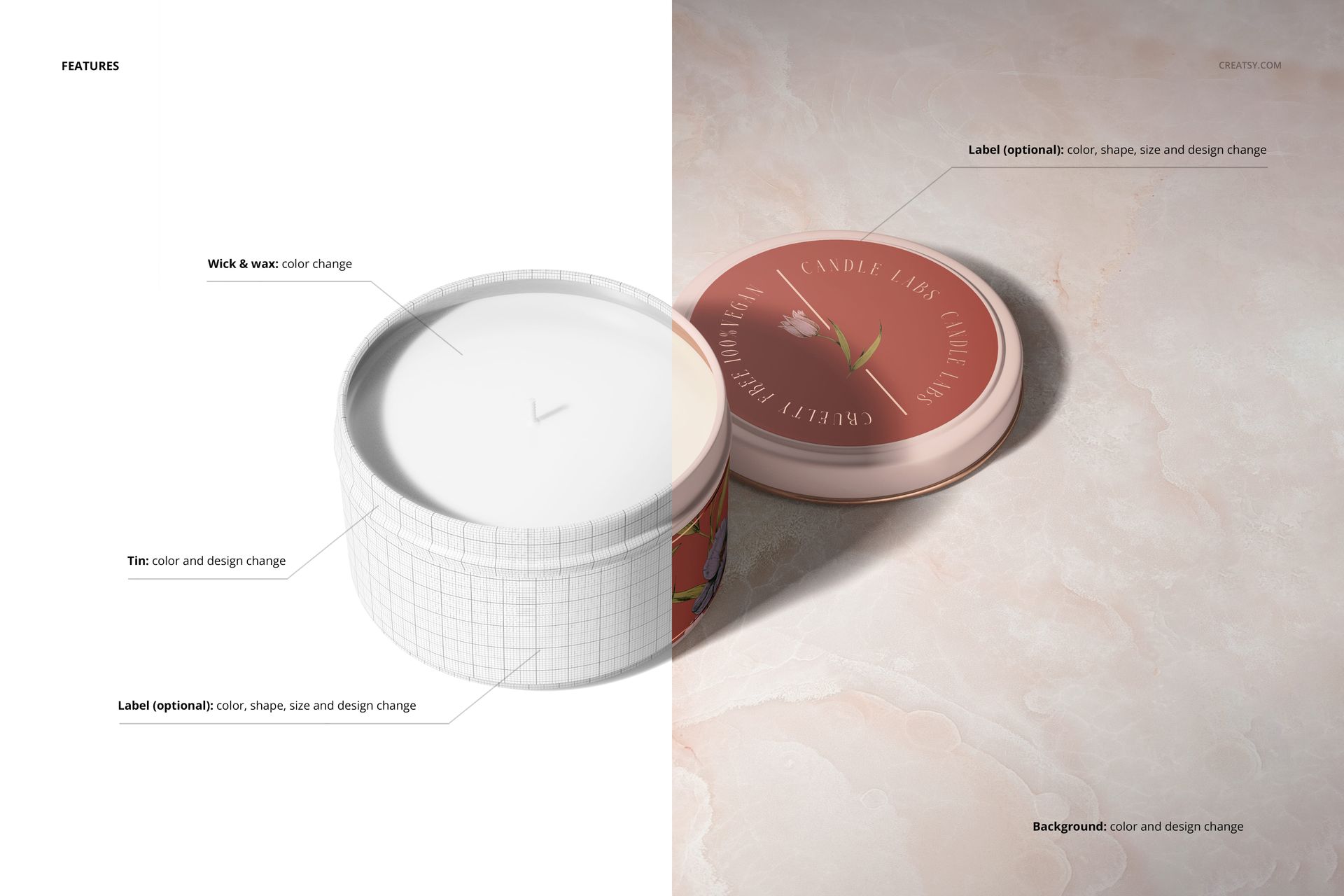 Candle tin mockup with wooden wick, displaying a white grid pattern and a pink lid, placed on a light marble background.