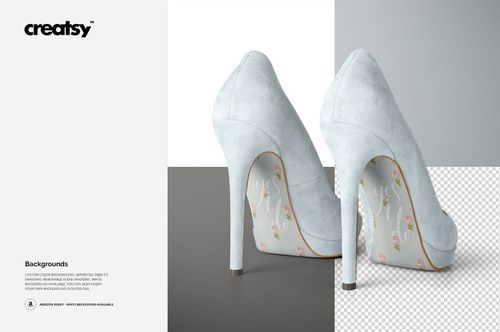 PSD mockup of high heels featuring soft gray suede and floral patterned soles, shown from a rear angle.