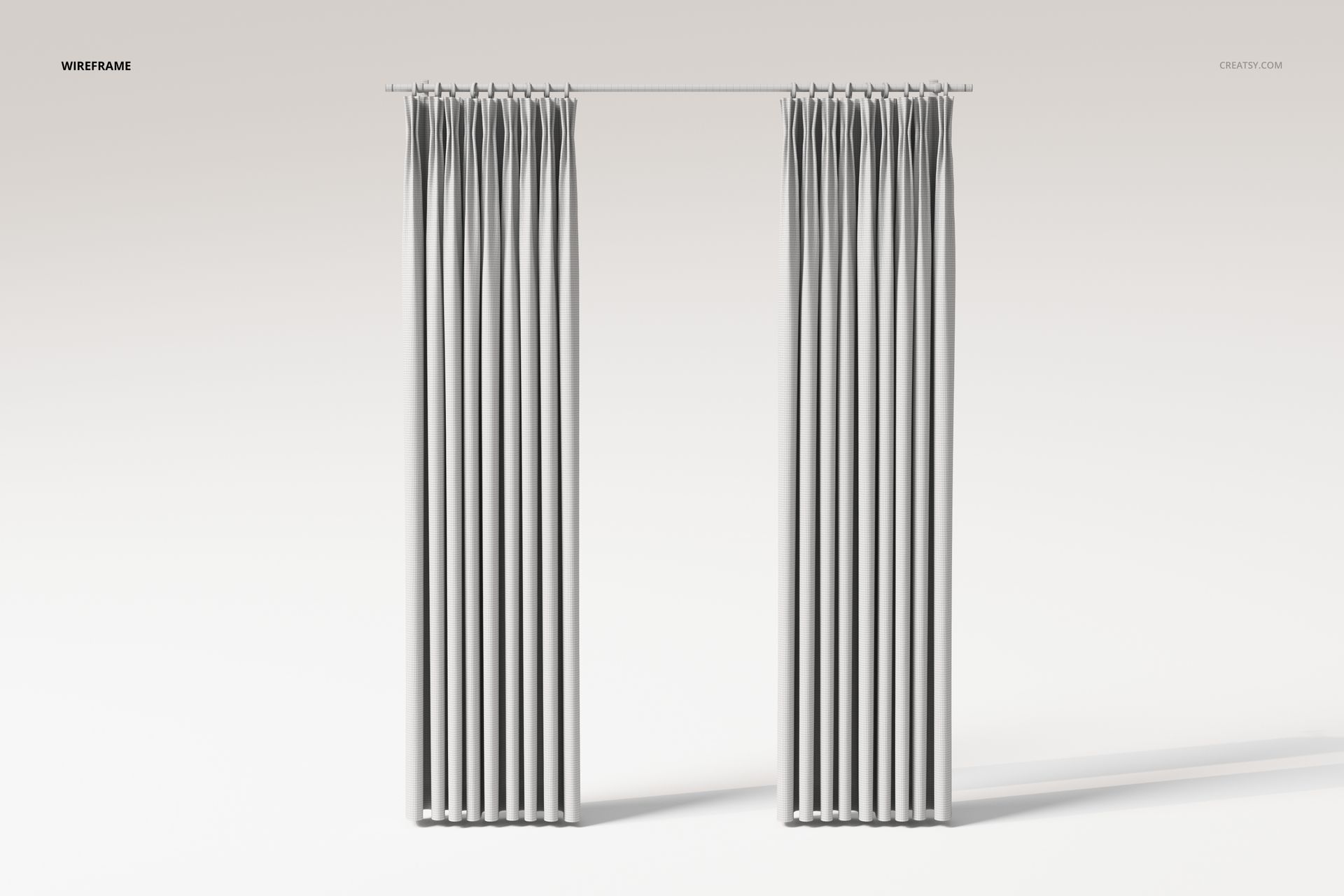 Front view of French pleat curtains in a neutral wireframe style, hanging from a rod against a light background.