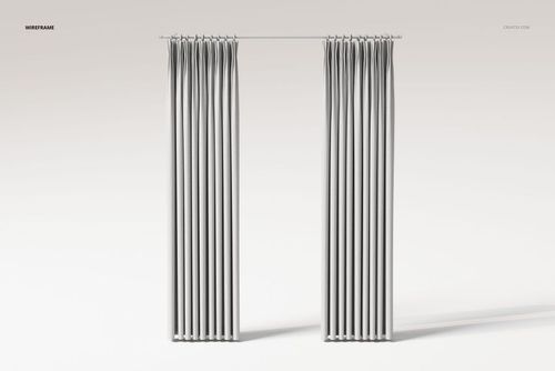 Front view of French pleat curtains in a neutral wireframe style, hanging from a rod against a light background.