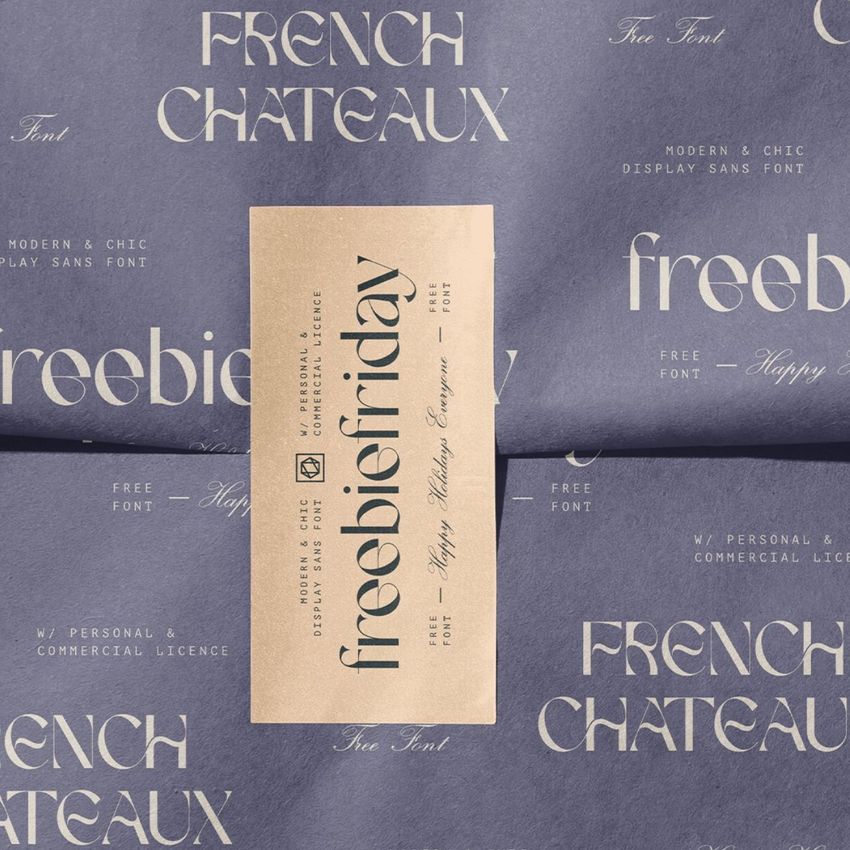 Wrapping paper mockup with a folded blue sheet featuring light text and a rectangular beige sticker placed in the center.