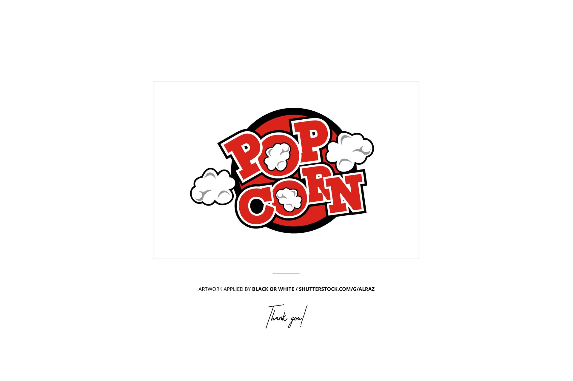 Front view of a popcorn paper bag mockup featuring bold red and black lettering with popcorn illustrations on a white background.