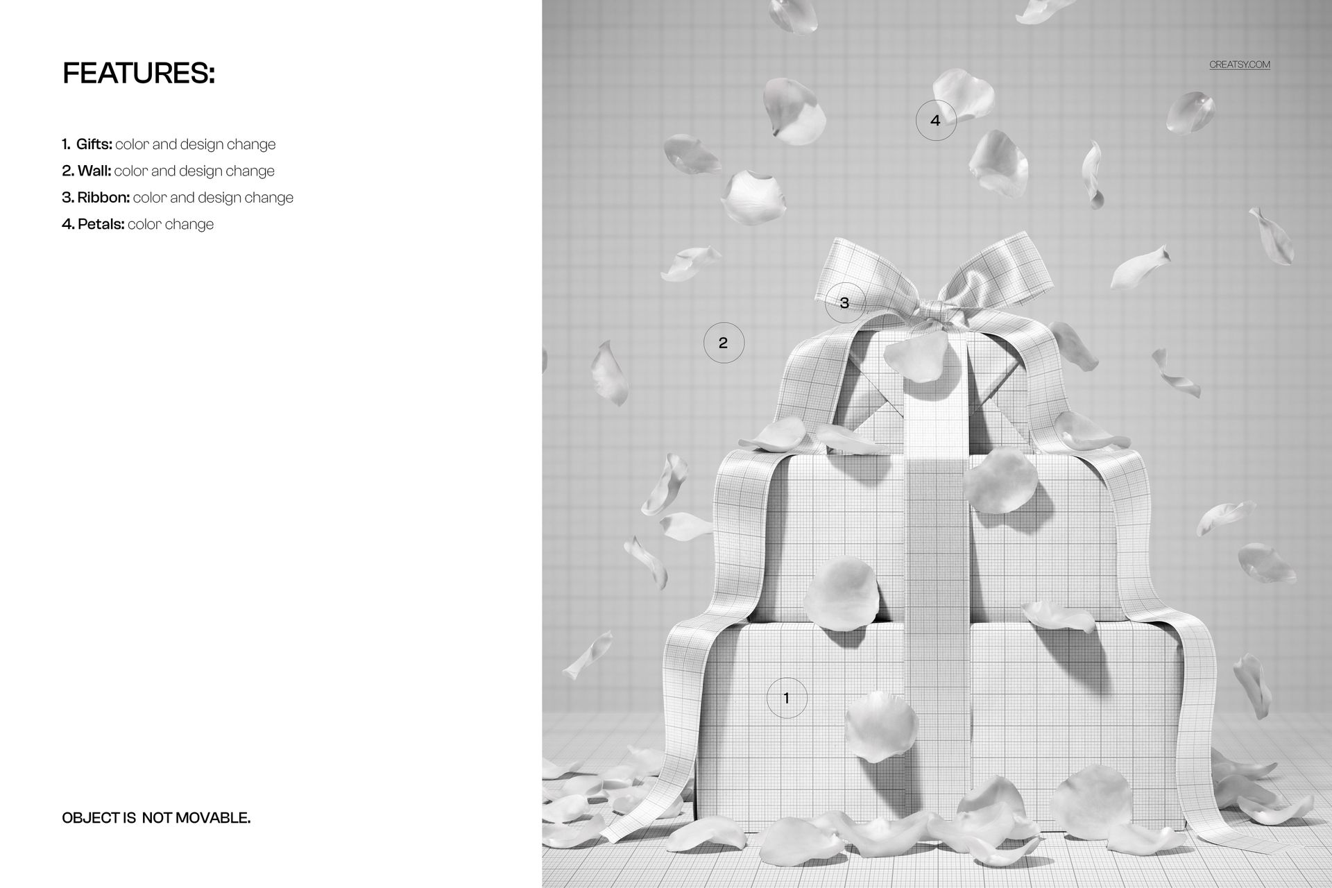 Stacked gift boxes mockup with a ribbon bow, shown in front view, surrounded by falling rose petals on a grid background.