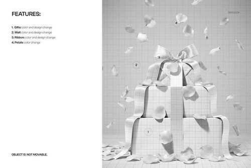 Stacked gift boxes mockup with a ribbon bow, shown in front view, surrounded by falling rose petals on a grid background.