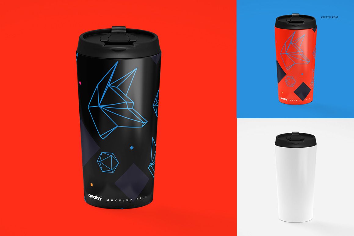 16 oz stainless steel tumbler mockup with geometric blue line art on black, shown front view on red background.