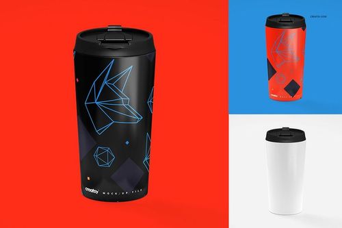 16 oz stainless steel tumbler mockup with geometric blue line art on black, shown front view on red background.