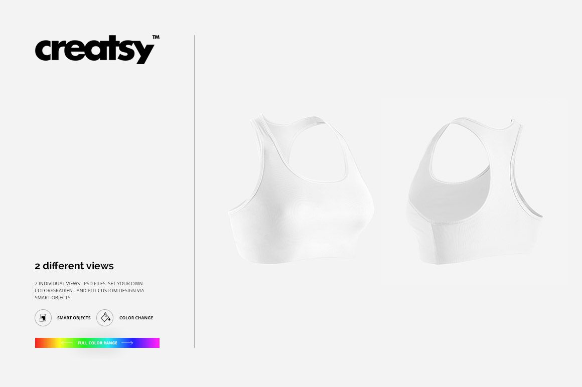 White sport bra mockup displayed in front and back views on a plain white background, showing racerback design.