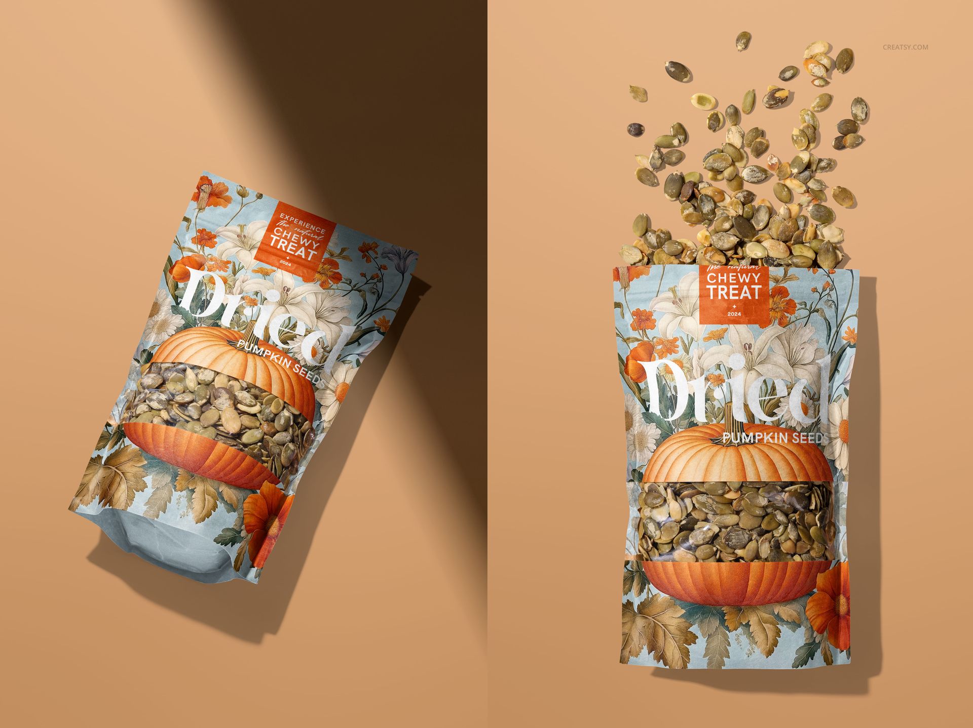 Paper pouch mockup featuring pumpkin seeds spilling out, with orange pumpkin and floral graphics on a neutral background.