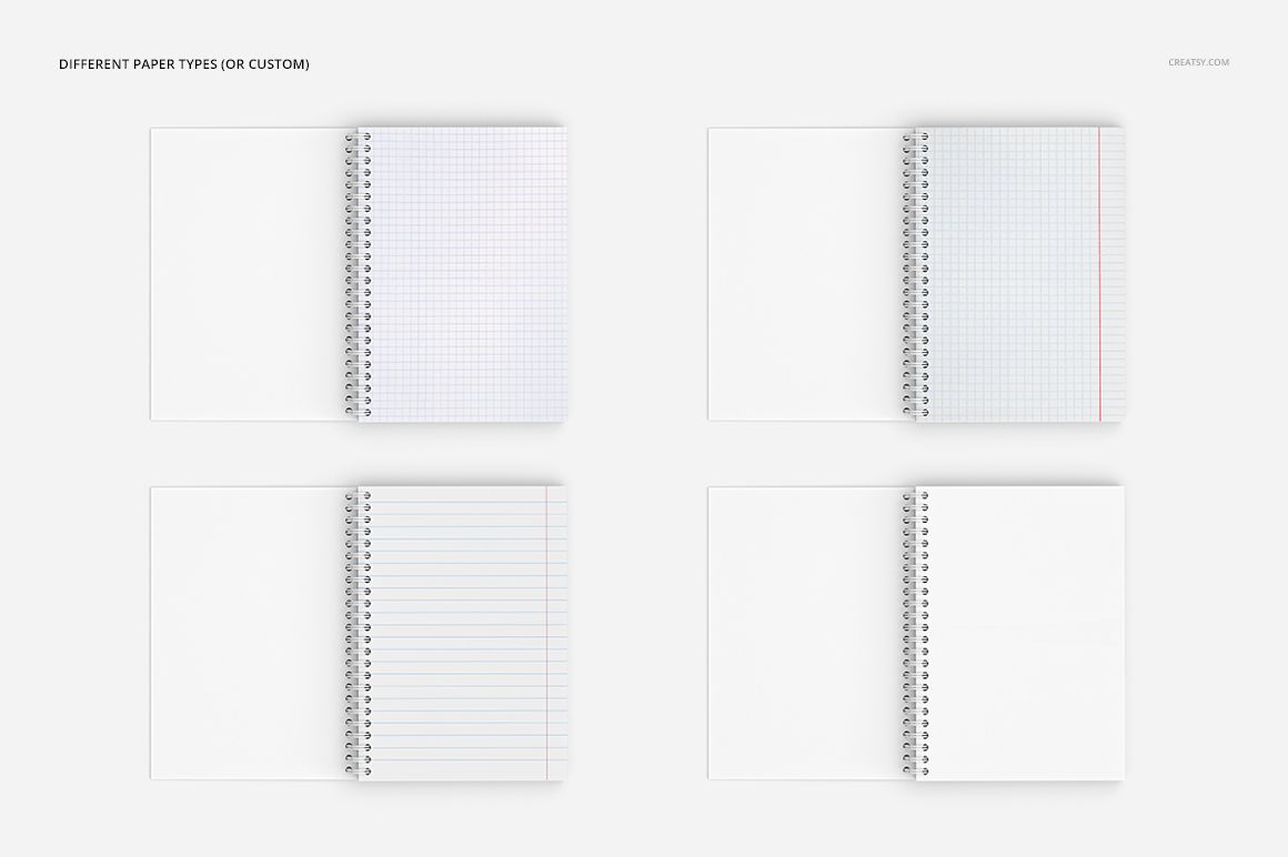 Four spiral-bound notebooks displayed open on a white surface, each showing a different paper style and layout.