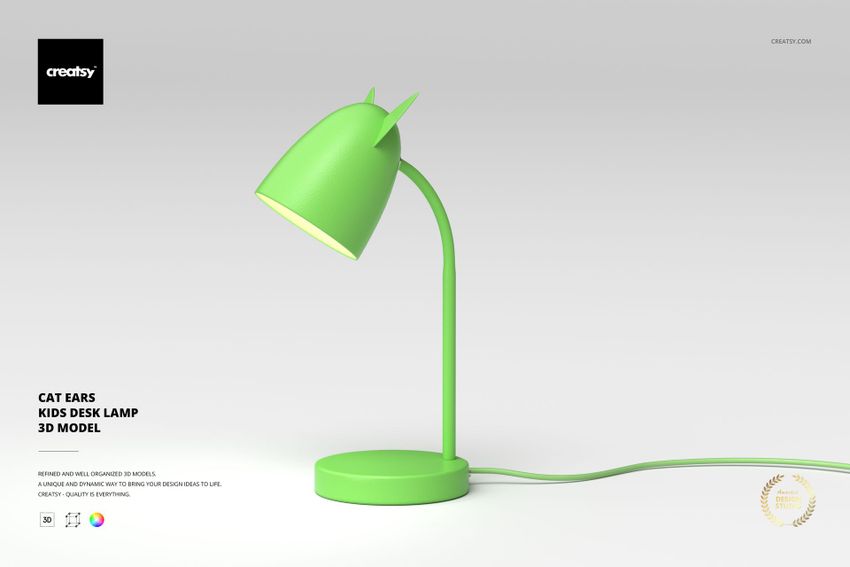 Green desk lamp with cat ear details on the lampshade, shown in a side view against a light background.
