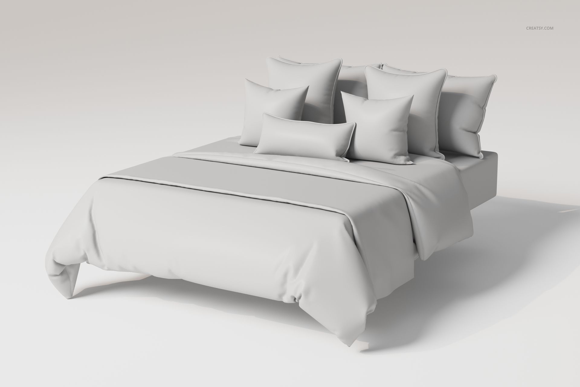 Front view of a bedding set with multiple piped pillows arranged on a bed, featuring solid light gray fabric.