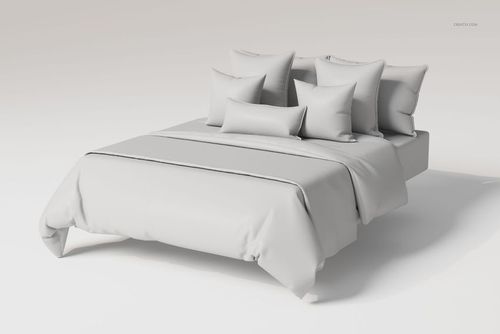 Front view of a bedding set with multiple piped pillows arranged on a bed, featuring solid light gray fabric.
