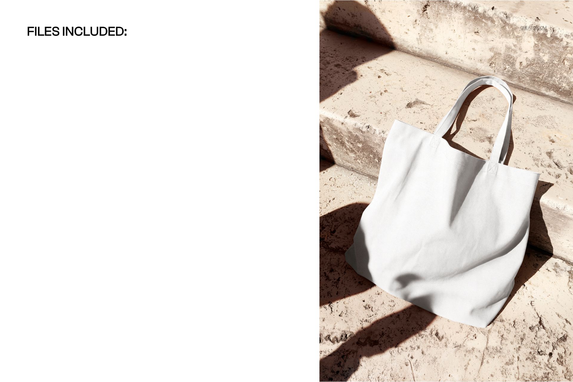 Light canvas tote bag mockup placed on textured stone steps, photographed from a slightly elevated front view.