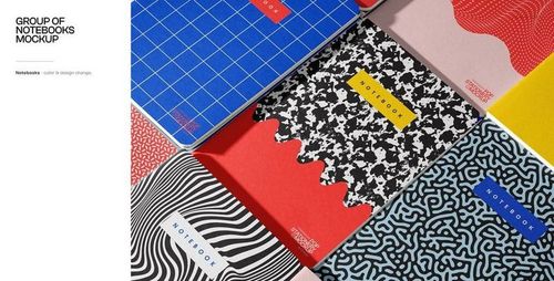 Top view of colorful notebooks with geometric and abstract patterns, arranged in a grid on a flat surface.