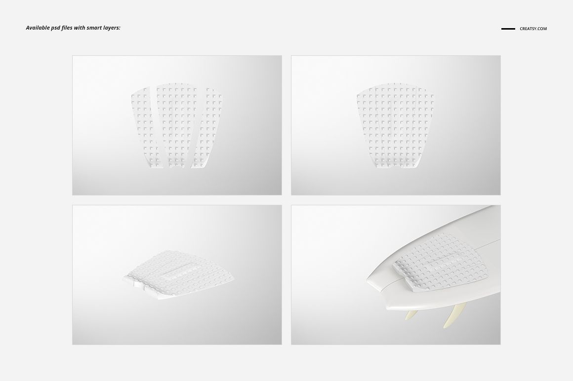 Surfboard traction pad mockup set showing four views, including close-ups and pads placed on a white surfboard.