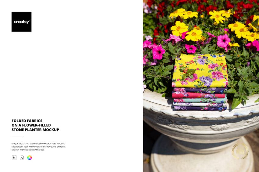 Folded Fabrics on a Flower-Filled Stone Planter Mockup - mockup screenshot 1