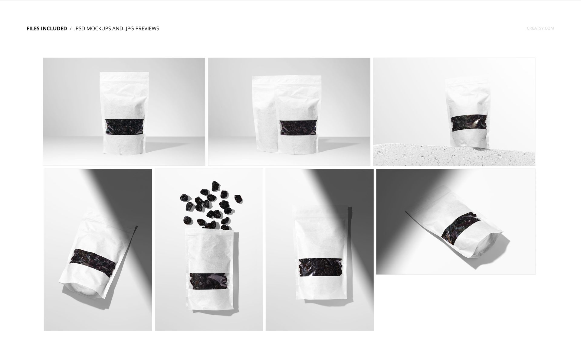 Set of paper pouch packaging mockups in white with a black band, featuring front, back, and top views with dried plums.