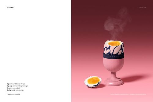 Mockup of an egg with runny yolk in a pastel pink egg cup, featuring a navy and white pattern, set against a pink backdrop.