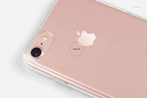 Clear iPhone 7 case mockup showing a close-up of the rear camera and Apple logo on a rose gold phone.