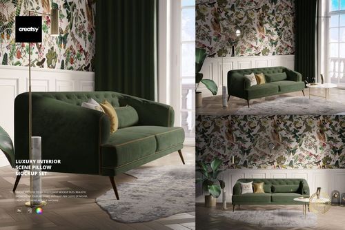 PSD mockup of a vintage-inspired living room featuring a tufted green sofa, botanical wallpaper, and decorative rug.
