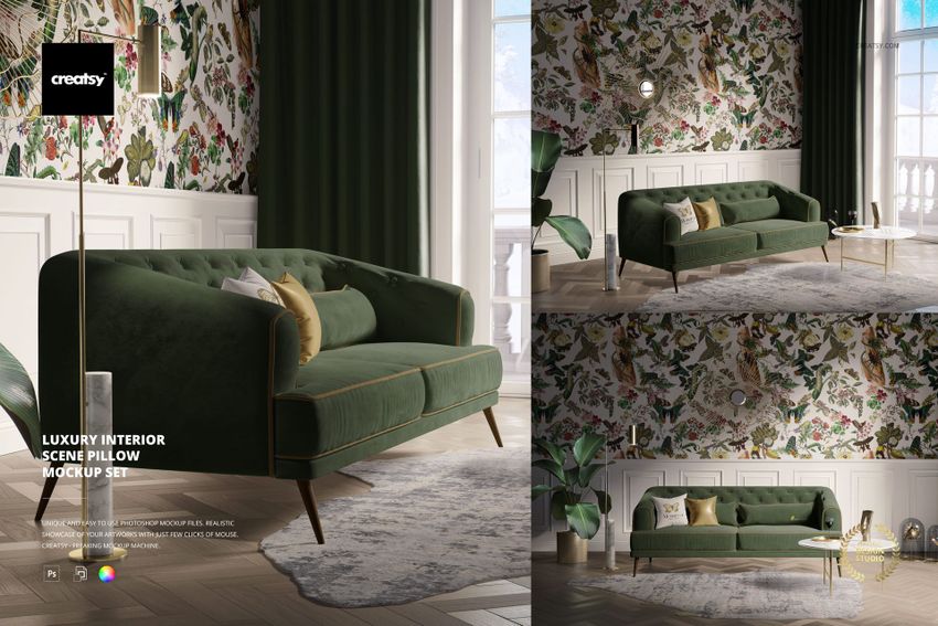 PSD mockup of a vintage-inspired living room featuring a tufted green sofa, botanical wallpaper, and decorative rug.