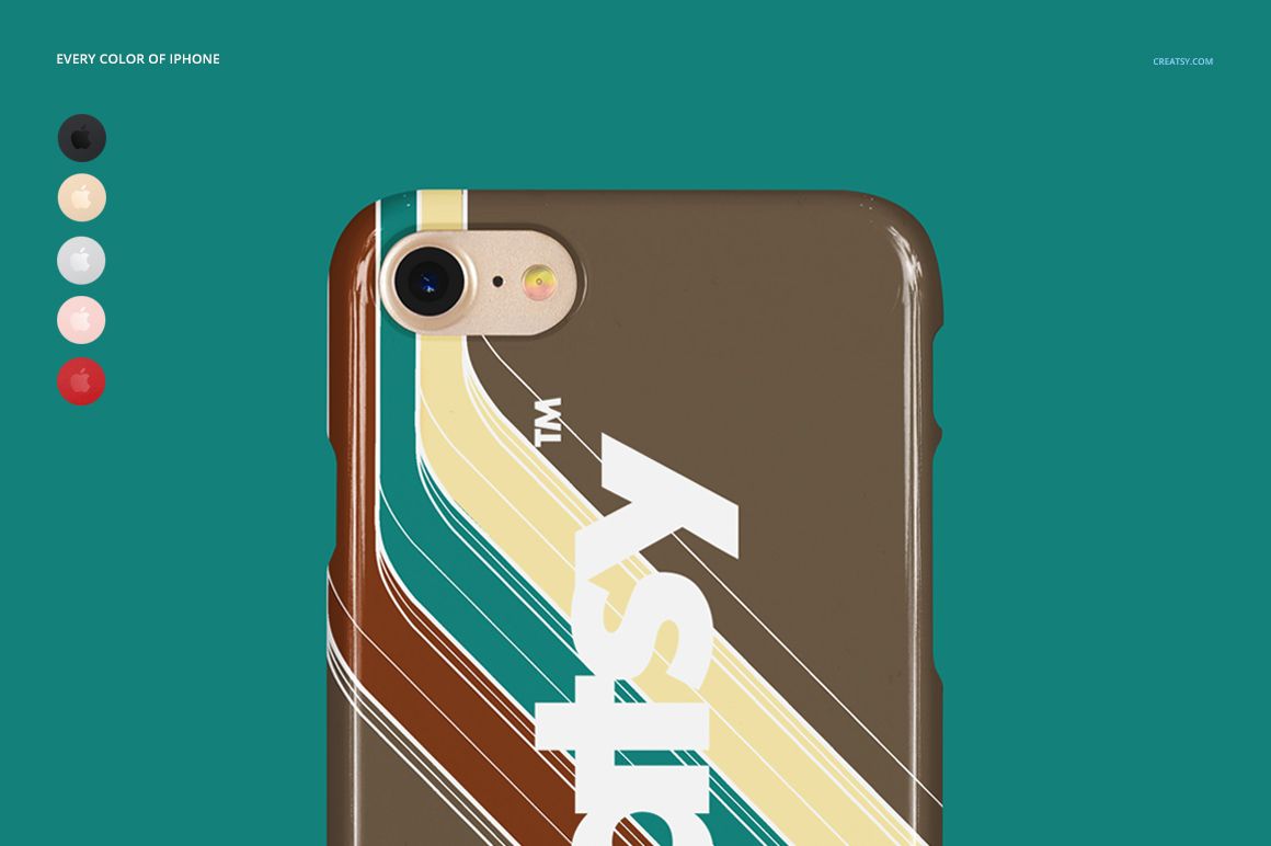 Glossy iPhone 7 case mockup with retro diagonal stripes in brown, teal, and cream, shown in close-up front view.