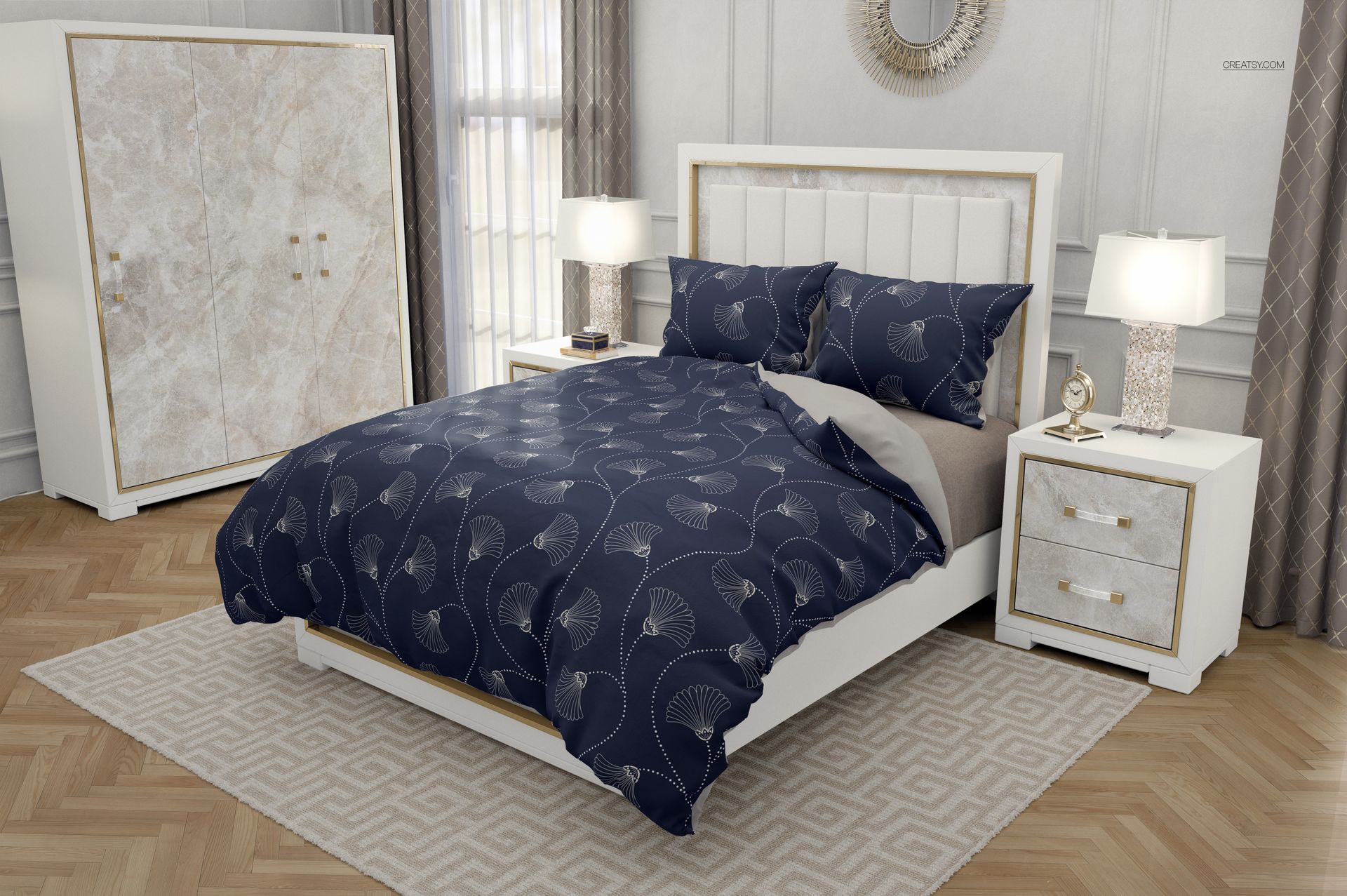 Luxury bedroom mockup showing a bed with blue patterned bedding, white furniture, and a geometric rug.
