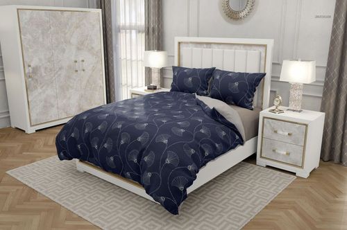 Luxury bedroom mockup showing a bed with blue patterned bedding, white furniture, and a geometric rug.