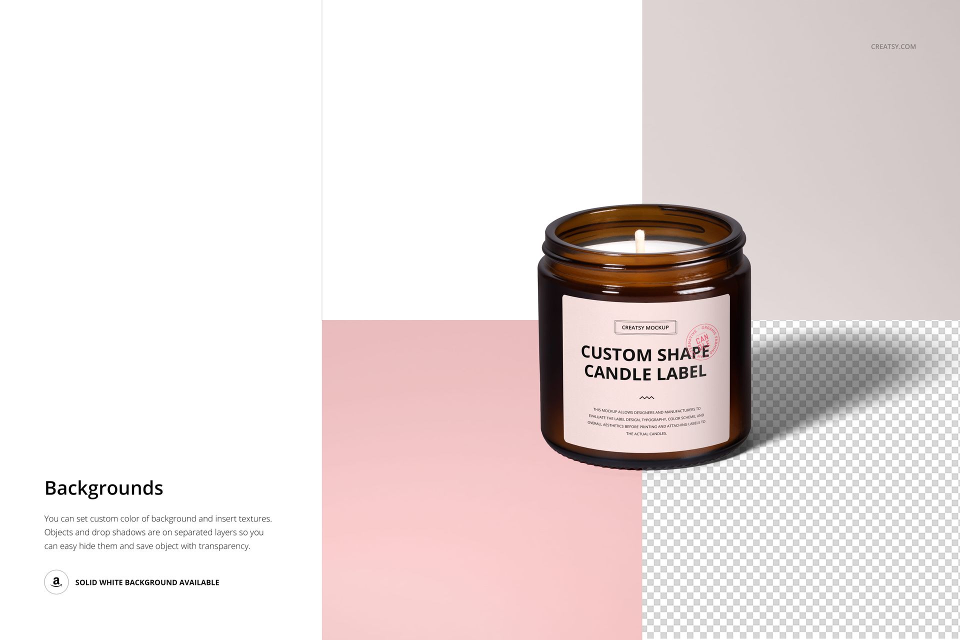 Amber glass candle jar with cotton wick, shown from front angle on pink and white background with label mockup.