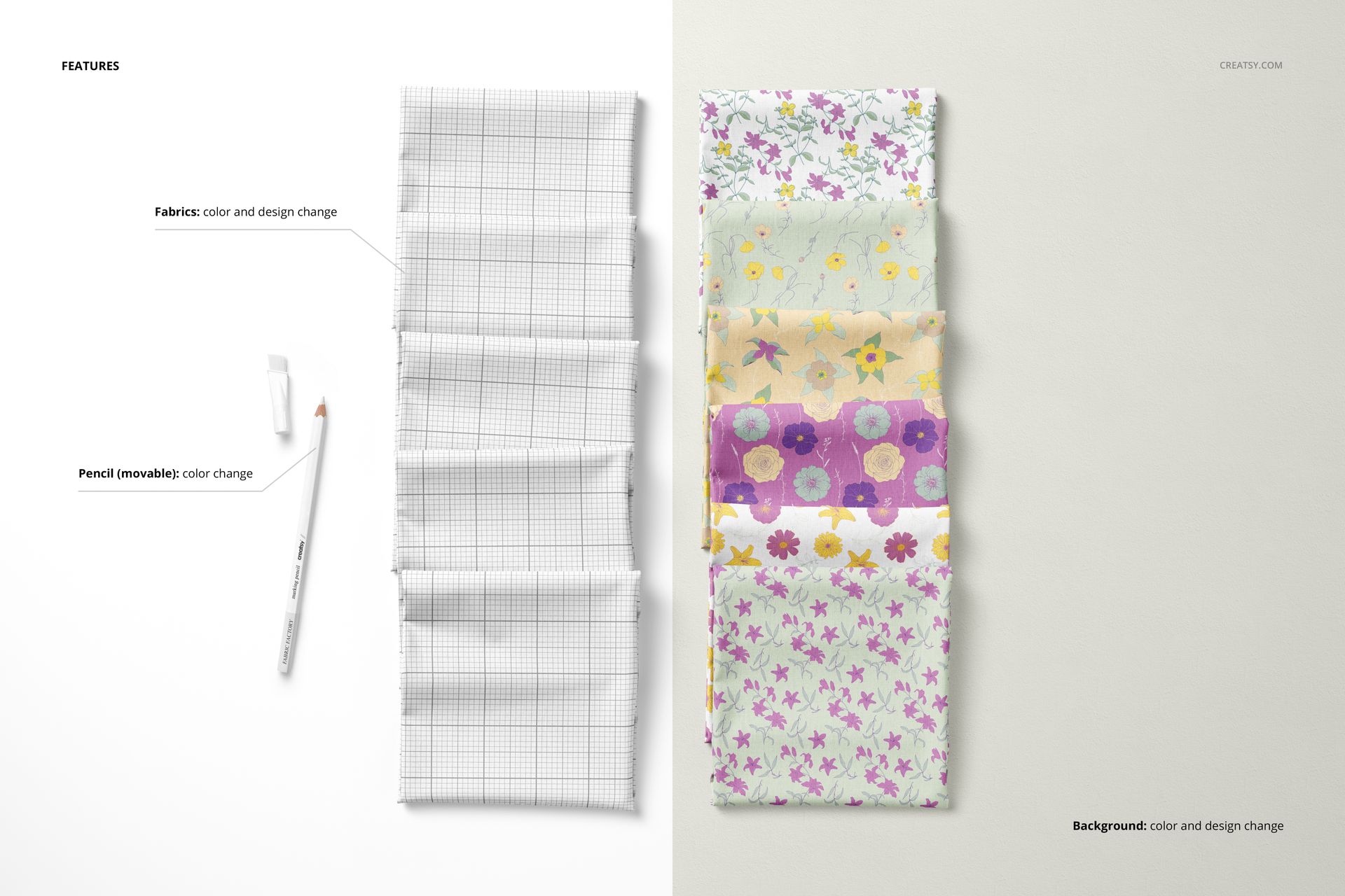 Folded fabric mockup showing six rectangular pieces with various patterns, displayed from a top view on a light surface.