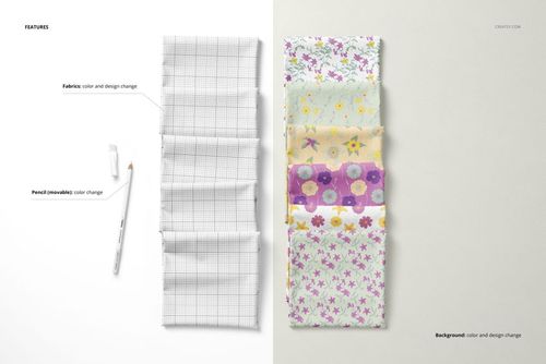 Folded fabric mockup showing six rectangular pieces with various patterns, displayed from a top view on a light surface.