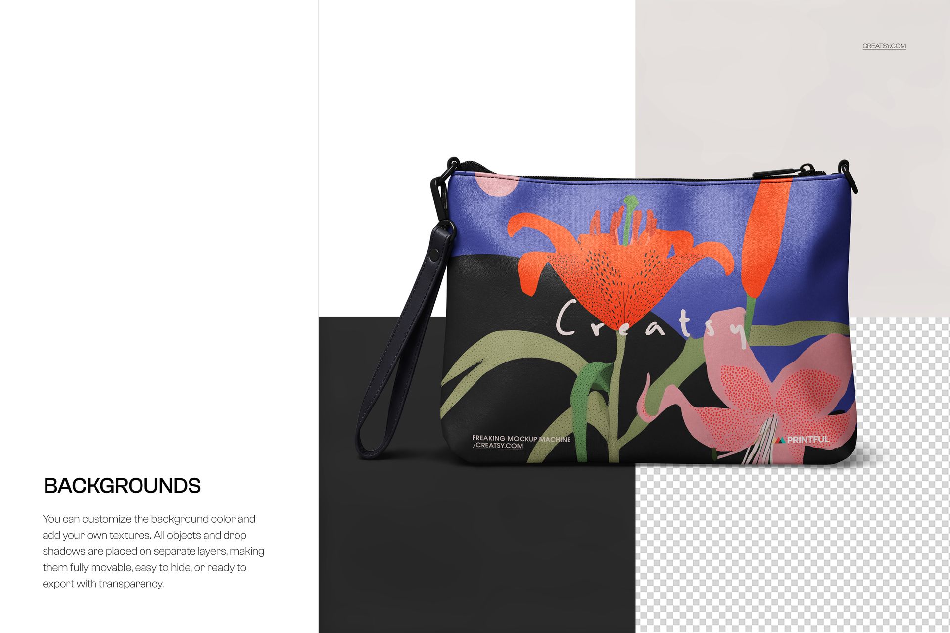 PSD mockup of a crossbody handbag featuring colorful flowers and leaves, shown against a split white and transparent backdrop.