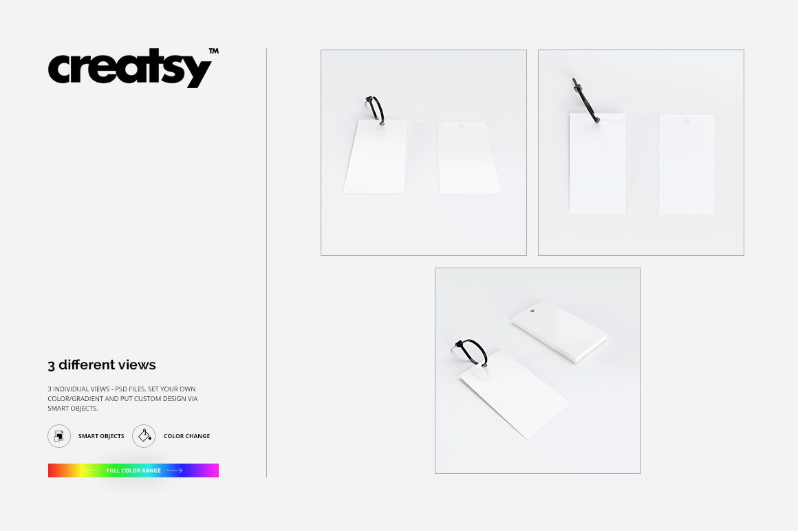 Cable tie tag mockup showing three white rectangular tags with black ties, viewed from top and angled perspectives.