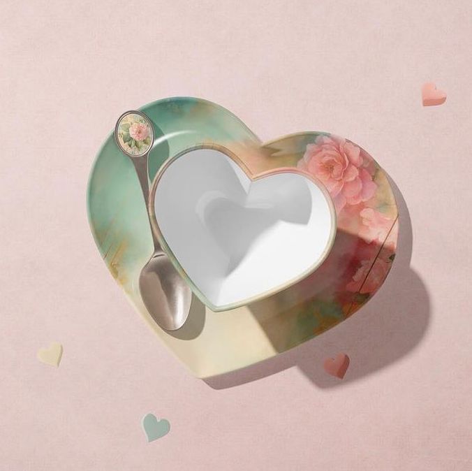 Heart-shaped cup mockup with a floral pattern, matching saucer, and spoon on a soft pink background with paper hearts.