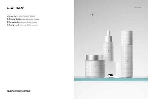 Front view of a cosmetics set mockup with a cream jar, dropper bottle, and pump bottle on a glass surface.