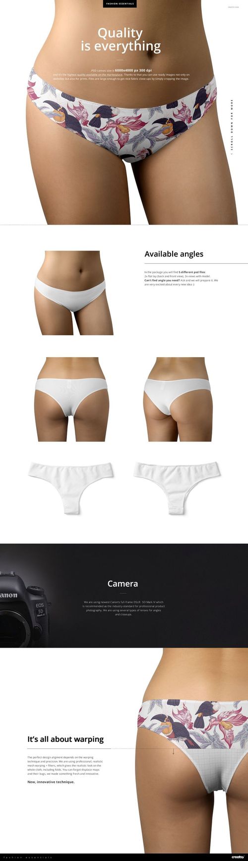 Women's panties mockup featuring multiple views, including flat lay and model shots, with customizable fabric design.