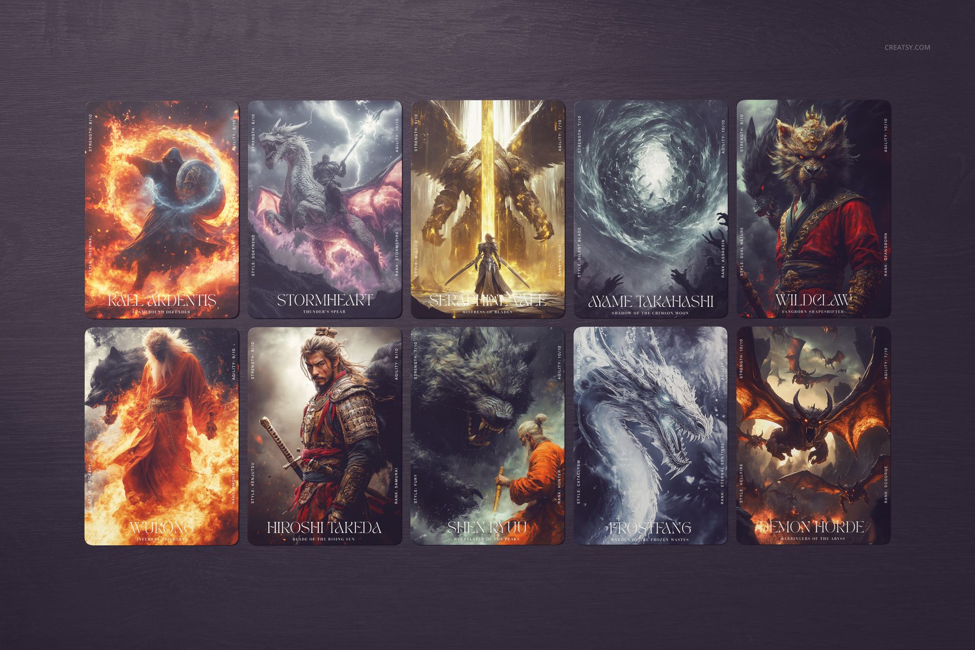 Ten trading cards with fantasy artwork are arranged in two rows on a dark tabletop, viewed from above.