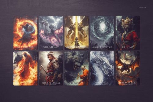 Ten trading cards with fantasy artwork are arranged in two rows on a dark tabletop, viewed from above.