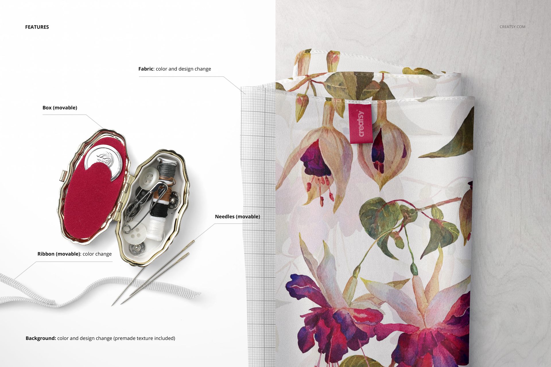 Close-up view of a silk scarf mockup with a floral pattern, visible label, and sewing accessories beside it.