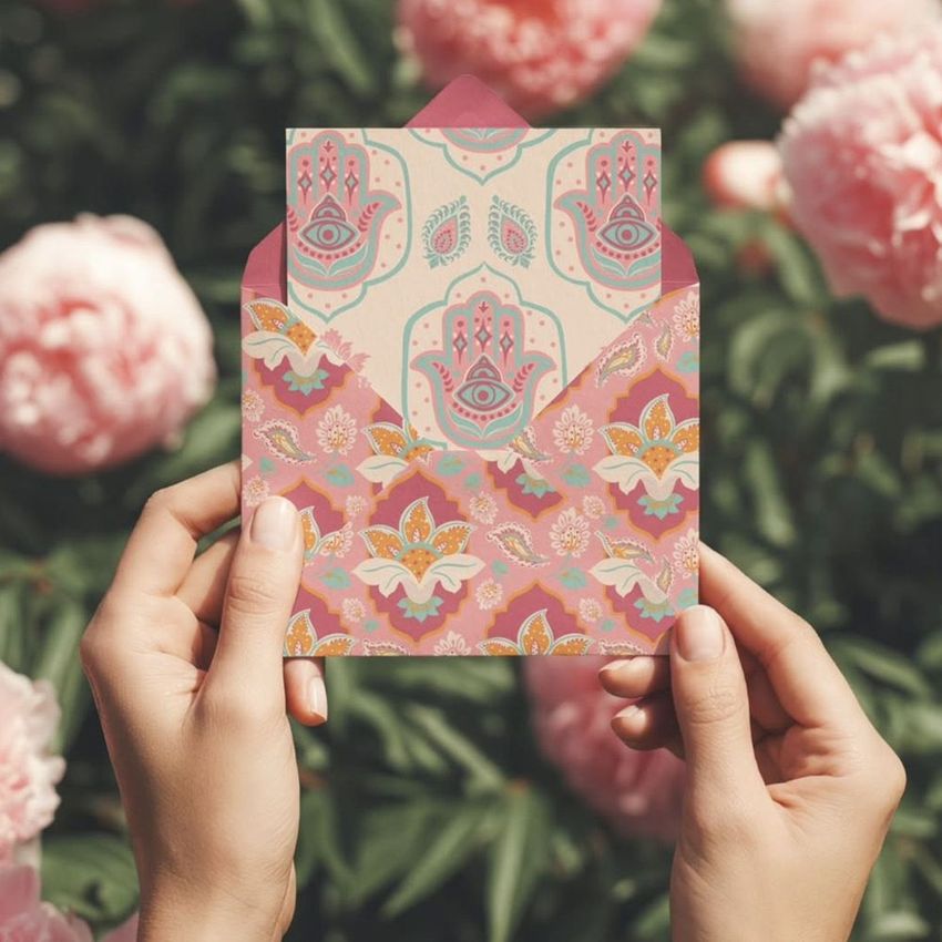 Hands holding a greeting card and envelope mockup with colorful traditional patterns, surrounded by blooming pink peonies.