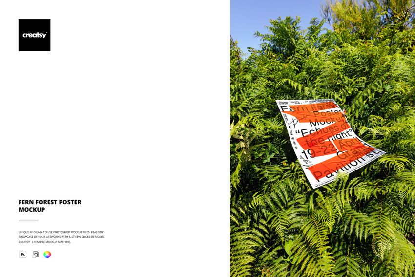 Poster mockup displayed outdoors, partially covered by lush green fern leaves, with bold orange and black text visible.