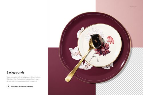 Top view of a plate mockup set featuring a large burgundy plate and a smaller floral plate with a gold fork on patterned backgrounds.