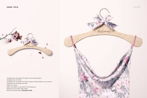 PSD mockup of a wooden hanger with engraved text, floral dress, and cherry blossom accents on a soft backdrop.
