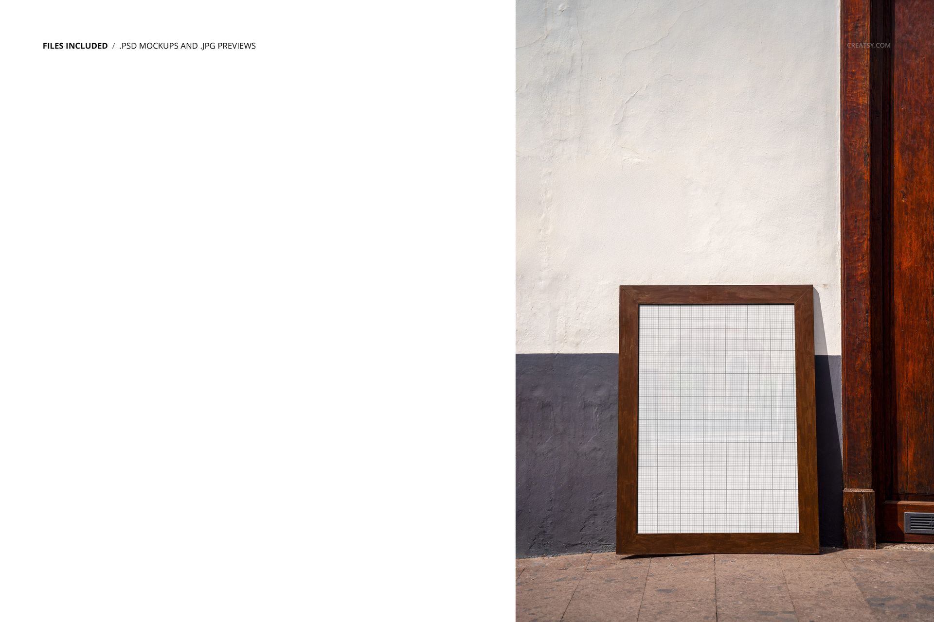 Wooden frame retro poster mockup with blank grid design, leaning against a white and gray wall on a stone floor.