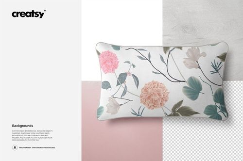 Front view of a 30x50cm piping pillow mockup featuring pastel flowers and leaves, set against varied surfaces.