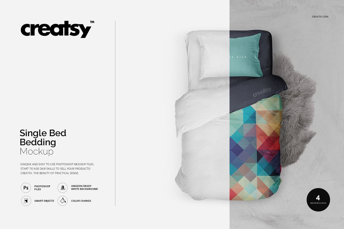 Single bed PSD mockup with vibrant triangle pattern bedding, white pillow, and dark blanket, displayed from above.