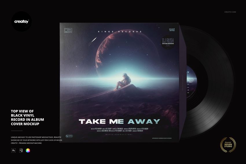 Black vinyl record mockup shown from above, half inserted into album cover featuring space-themed illustration.